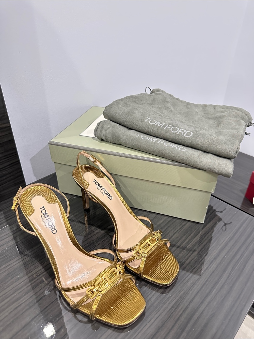 Tom Ford Metallic Gold Strappy Slingback Heels